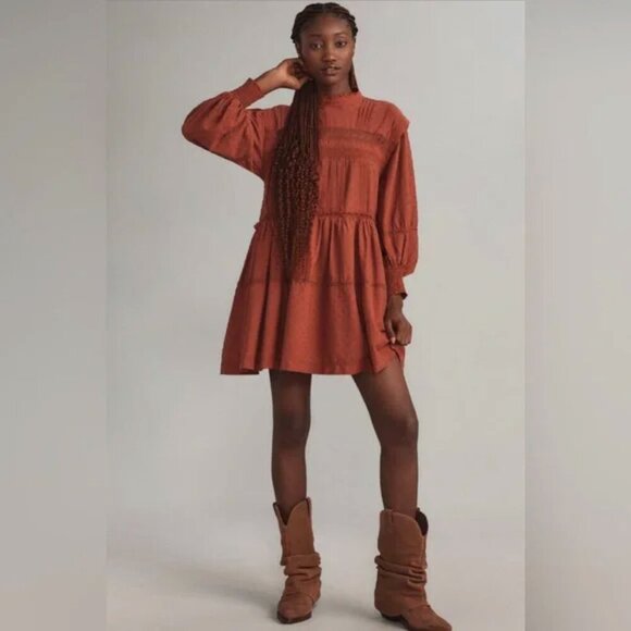 NWT Anthropologie Pilcro Long-Sleeve Mock-Neck Swing Mini Dress Rust XS - Picture 1 of 15